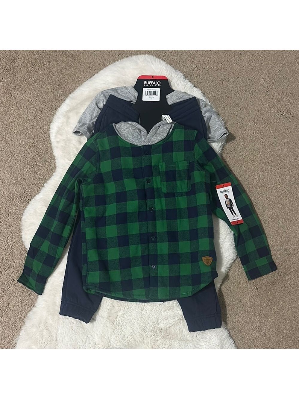 Buffalo Kids Green and Blue Plaid Shirt Jacket, tee and Jogger Pants size 6